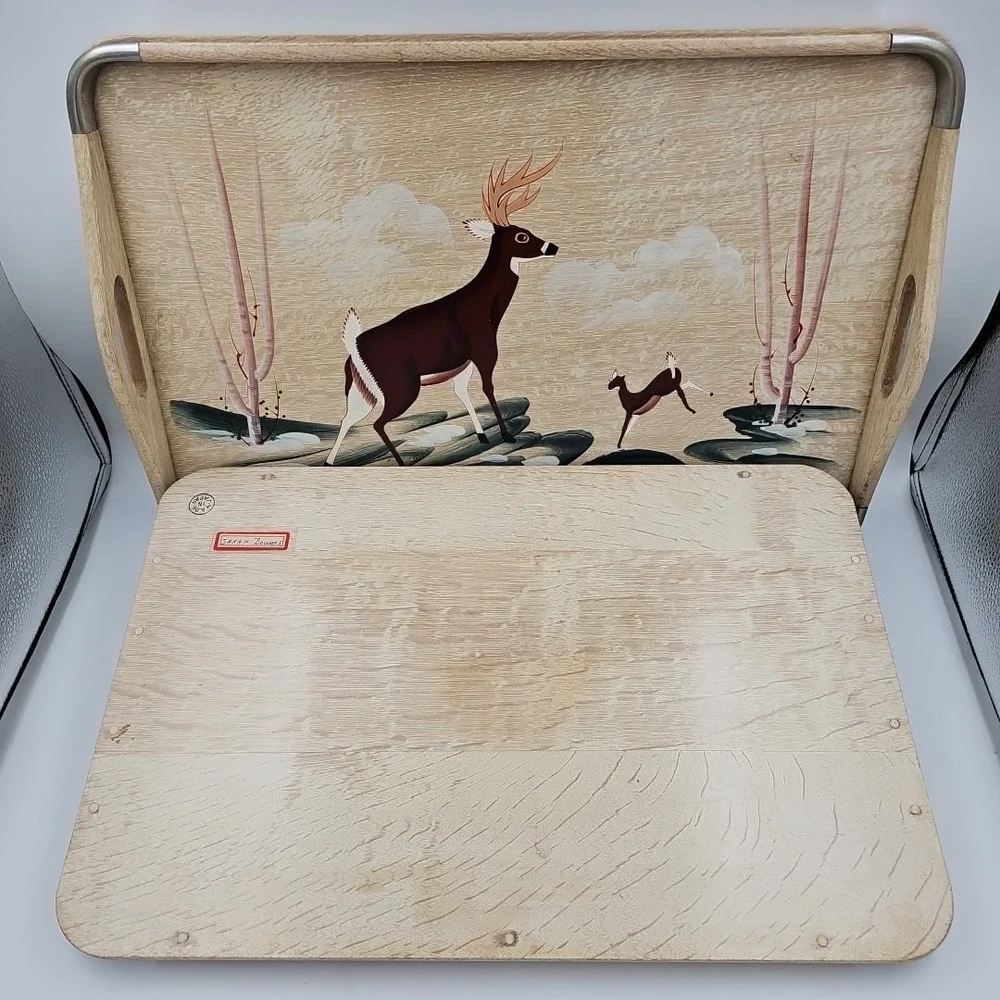 Vintage Japanese Tea Bar Serving Trays Hand Painted Wooden‎ Deer Buck Trees Doe